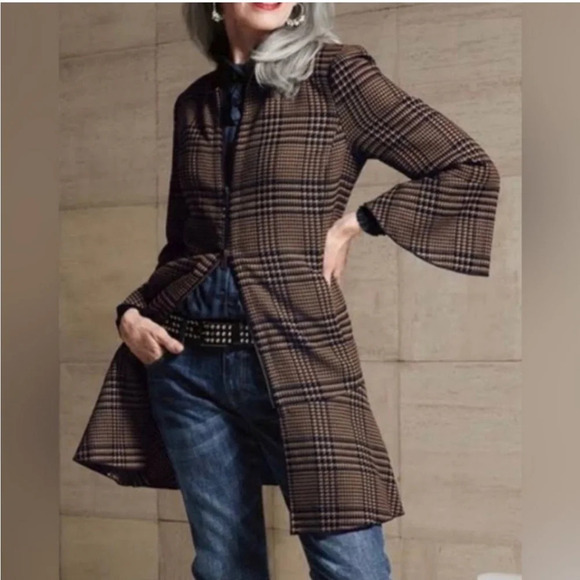 Cabi Flounce Jacket #3902 Tan Brown Navy Tartan Plaid S Zip Front Longline - Picture 1 of 12